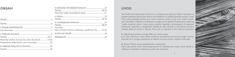 OKNÁ...33 Tabuľka...34-35 VI. INTERIÉROVÉ POVRCHY...37 Tabuľka...38-39 Materiály: hlina, prírodné linoleum, parketový a podlahový olej...41-45 SLOVO NA ZÁVER...46 REFERENCIE.