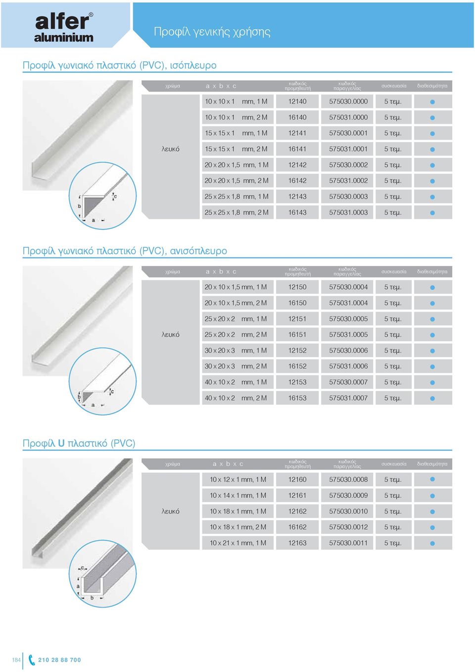 0003 Προφίλ γωνιακό πλαστικό (PVC), ανισόπλευρο x c 20 x 10 x 1,5 mm, 1 Μ 12150 575030.0004 20 x 10 x 1,5 mm, 2 Μ 16150 575031.0004 25 x 20 x 2,0 mm, 1 Μ 12151 575030.