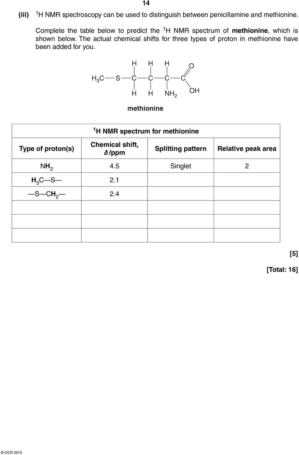 The actual chemical shifts for three types of proton in methionine have been added for you.