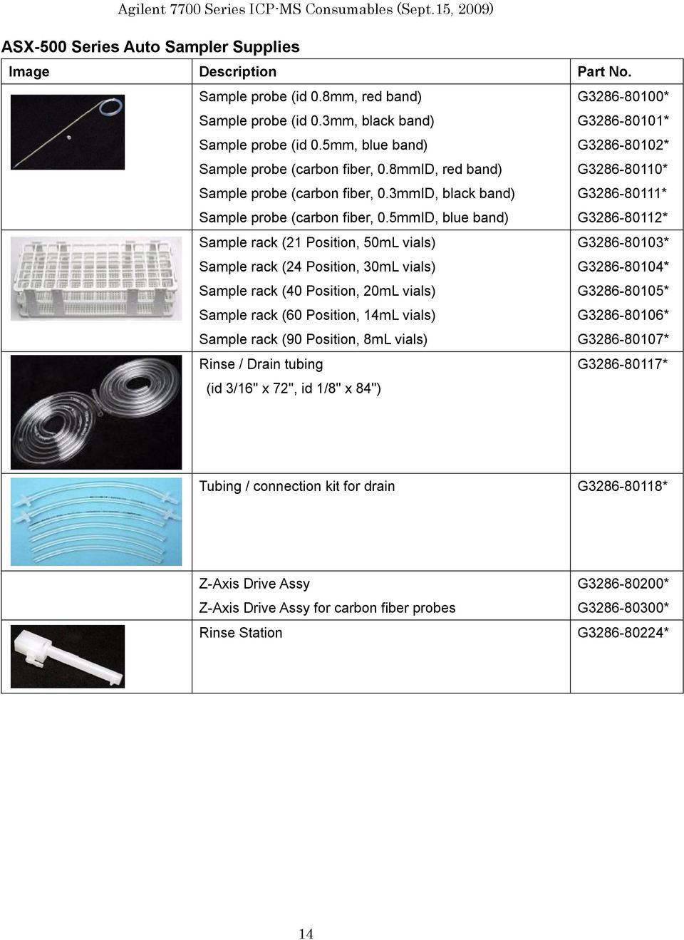 5mmID, blue band) G3286-80112* Sample rack (21 Position, 50mL vials) G3286-80103* Sample rack (24 Position, 30mL vials) G3286-80104* Sample rack (40 Position, 20mL vials) G3286-80105* Sample rack (60