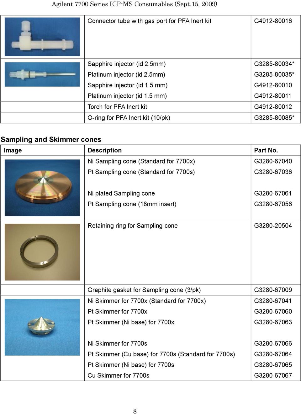 5 mm) G4912-80011 Torch for PFA Inert kit G4912-80012 O-ring for PFA Inert kit (10/pk) G3285-80085* Sampling and Skimmer cones Ni Sampling cone (Standard for 7700x) Pt Sampling cone (Standard for