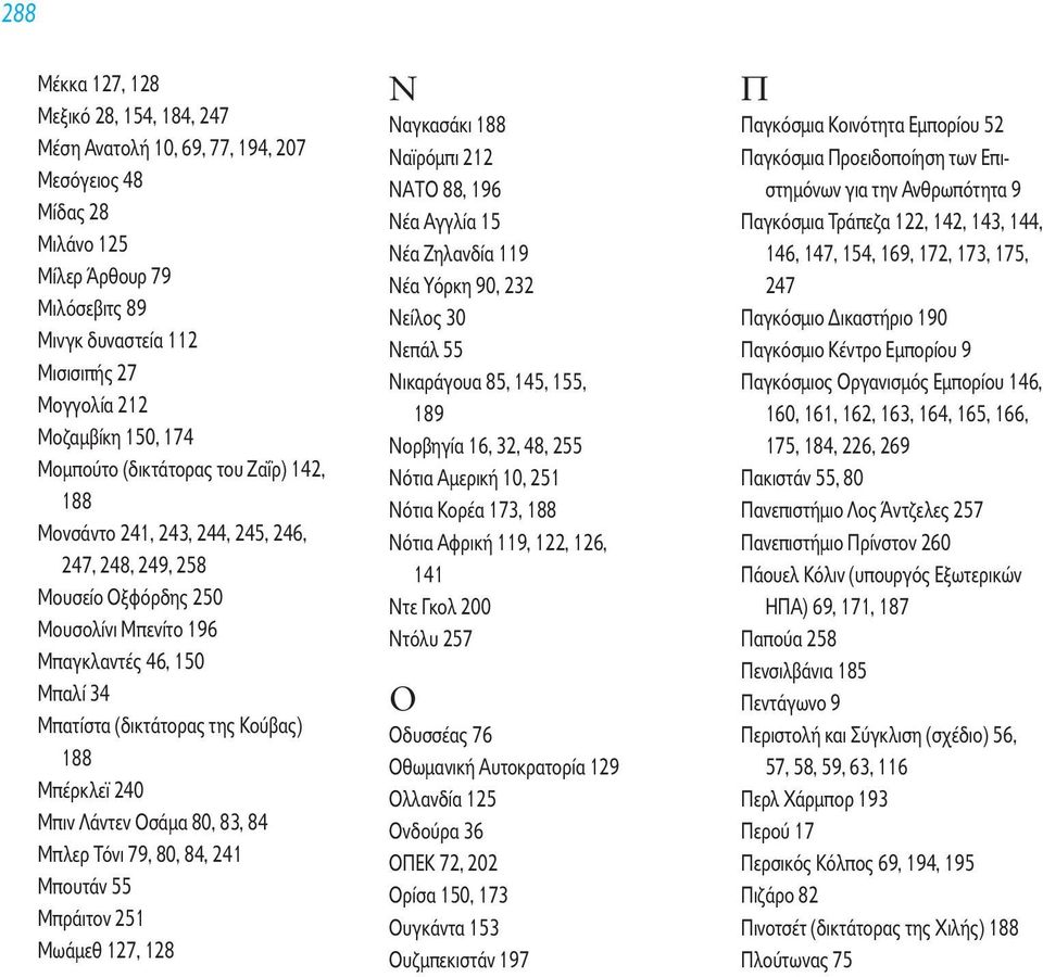 Κο βας) 188 Μπέρκλεϊ 240 Μπιν Λάντεν Οσάµα 80, 83, 84 Μπλερ Τ νι 79, 80, 84, 241 Μπουτάν 55 Μπράιτον 251 Μωάµεθ 127, 128 Ναγκασάκι 188 Ναϊρ µπι 212 ΝΑΤΟ 88, 196 Νέα Αγγλία 15 Νέα Ζηλανδία 119 Νέα Υ