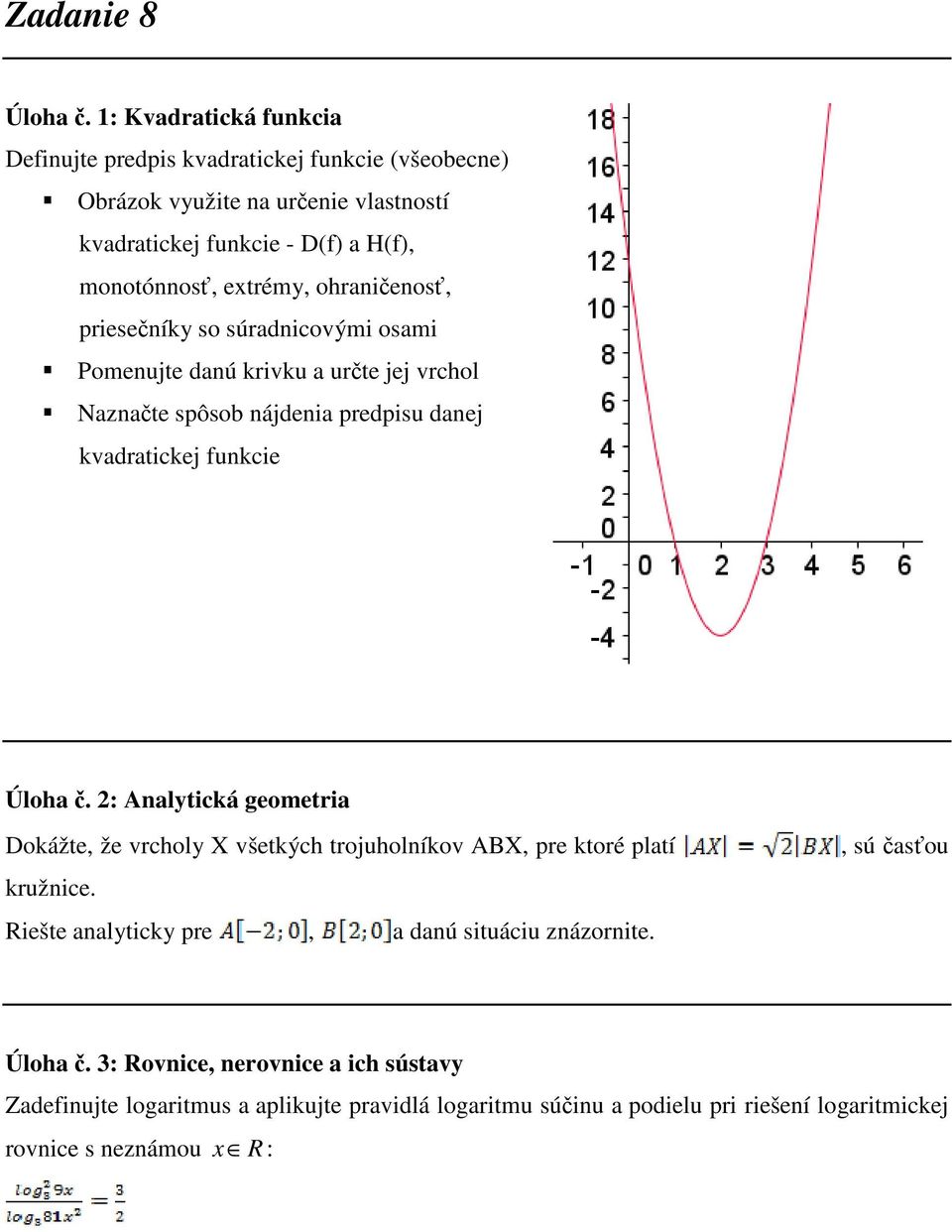 extrémy, ohraničenosť, priesečníky so súradnicovými osami Pomenujte danú krivku a určte jej vrchol Naznačte spôsob nájdenia predpisu danej kvadratickej funkcie Úloha č.