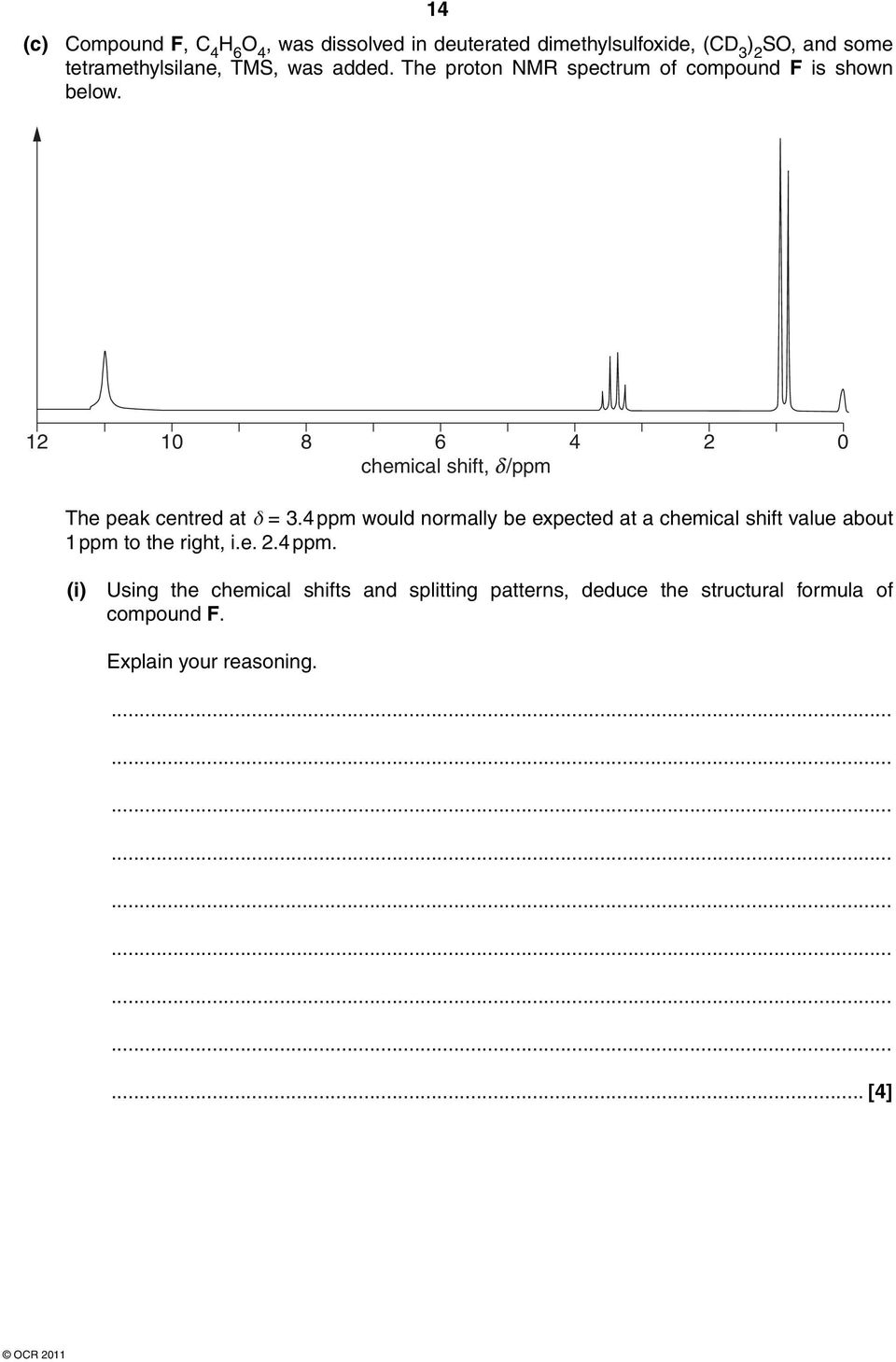 12 10 8 6 4 2 0 chemical shift, /ppm The peak centred at δ = 3.