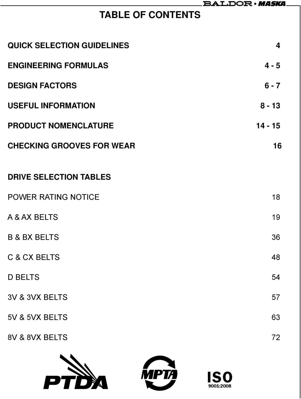 wear 16 DRIVE SELECTION TABLES POWER RATING NOTICE 18 A & AX BELTS 19 B & BX BELTS 36
