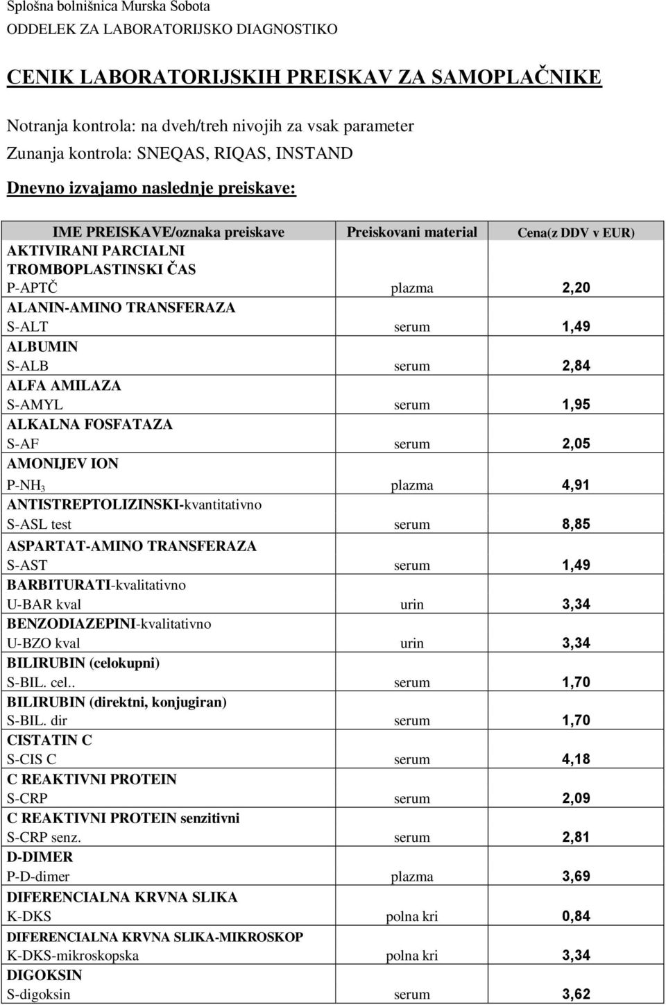 TRANSFERAZA S-ALT 1,49 ALBUMIN S-ALB 2,84 ALFA AMILAZA S-AMYL 1,95 ALKALNA FOSFATAZA S-AF AMONIJEV ION P-NH 3 ANTISTREPTOLIZINSKI-kvantitativno S-ASL test 2,05 4,91 8,85 ASPARTAT-AMINO TRANSFERAZA