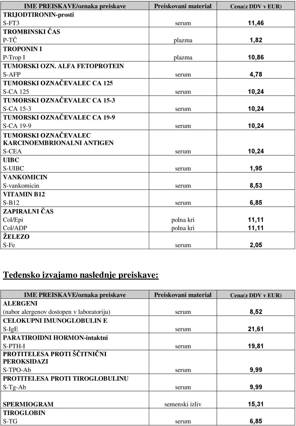 ANTIGEN S-CEA UIBC S-UIBC VANKOMICIN S-vankomicin VITAMIN B12 S-B12 ZAPIRALNI ČAS Col/Epi 1,95 8,53 11,11 Col/ADP 11,11 ŽELEZO S-Fe 2,05 Tedensko izvajamo naslednje preiskave: IME PREISKAVE/oznaka