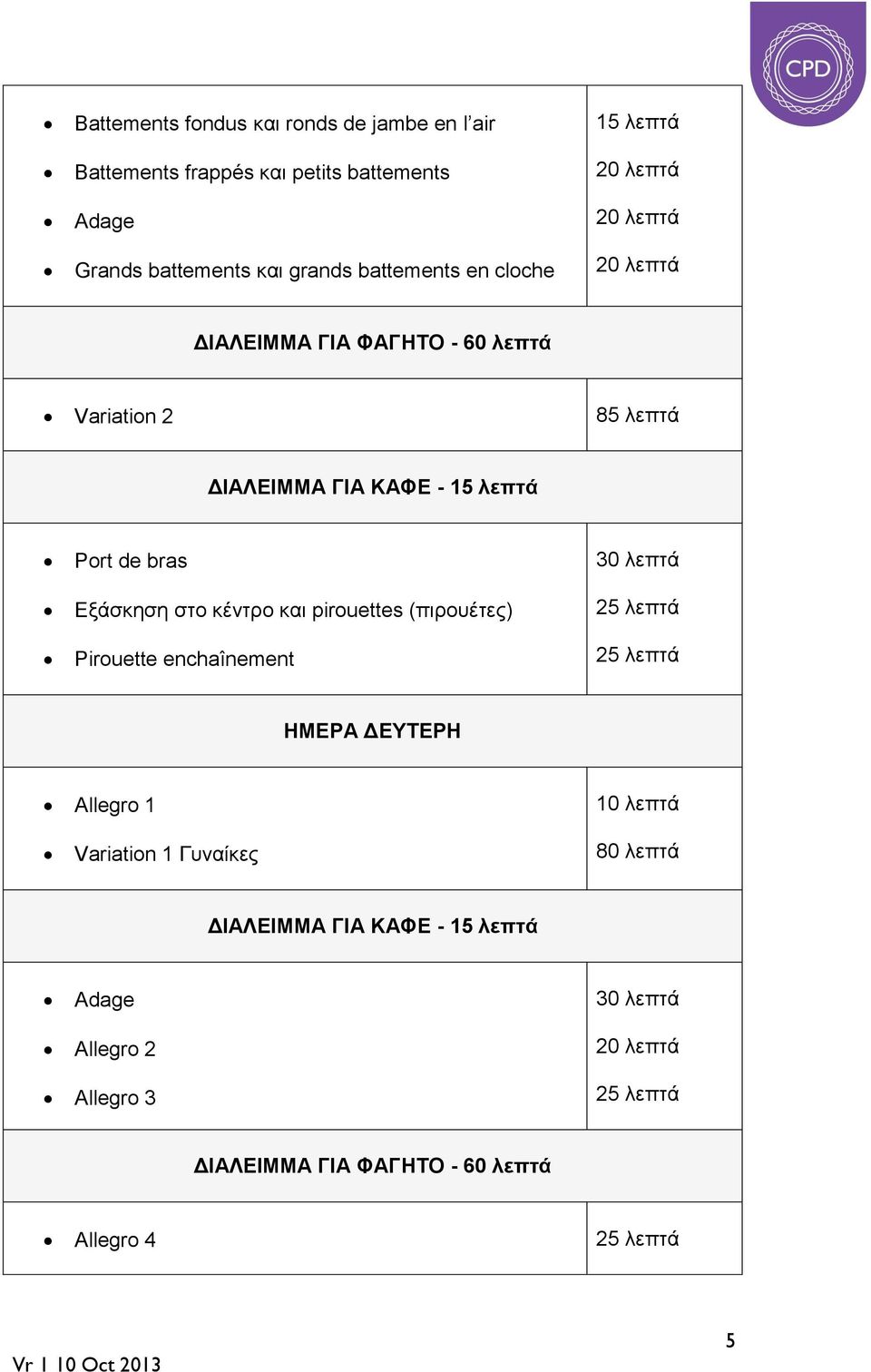 στο κέντρο και pirouettes (πιρουέτες) Pirouette enchaînement 30 λεπτά 25 λεπτά 25 λεπτά ΗΜΕΡΑ ΔΕΥΤΕΡΗ Allegro 1 10 λεπτά Variation 1 Γυναίκες