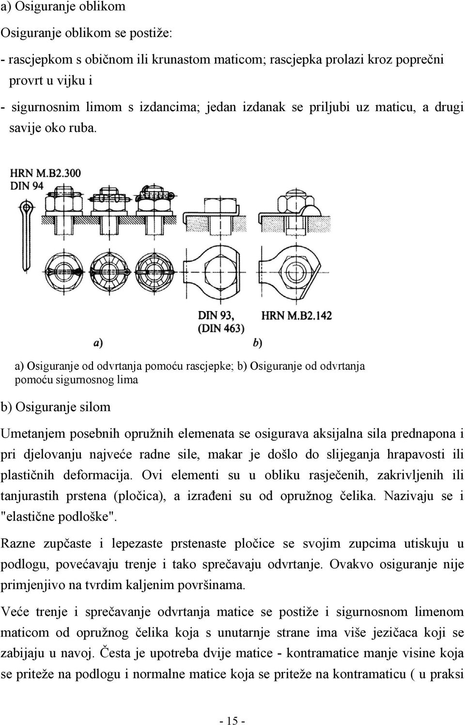 a) Osiguranje od odvrtanja pomoću rascjepke; b) Osiguranje od odvrtanja pomoću sigurnosnog lima b) Osiguranje silom Umetanjem posebnih opružnih elemenata se osigurava aksijalna sila prednapona i pri