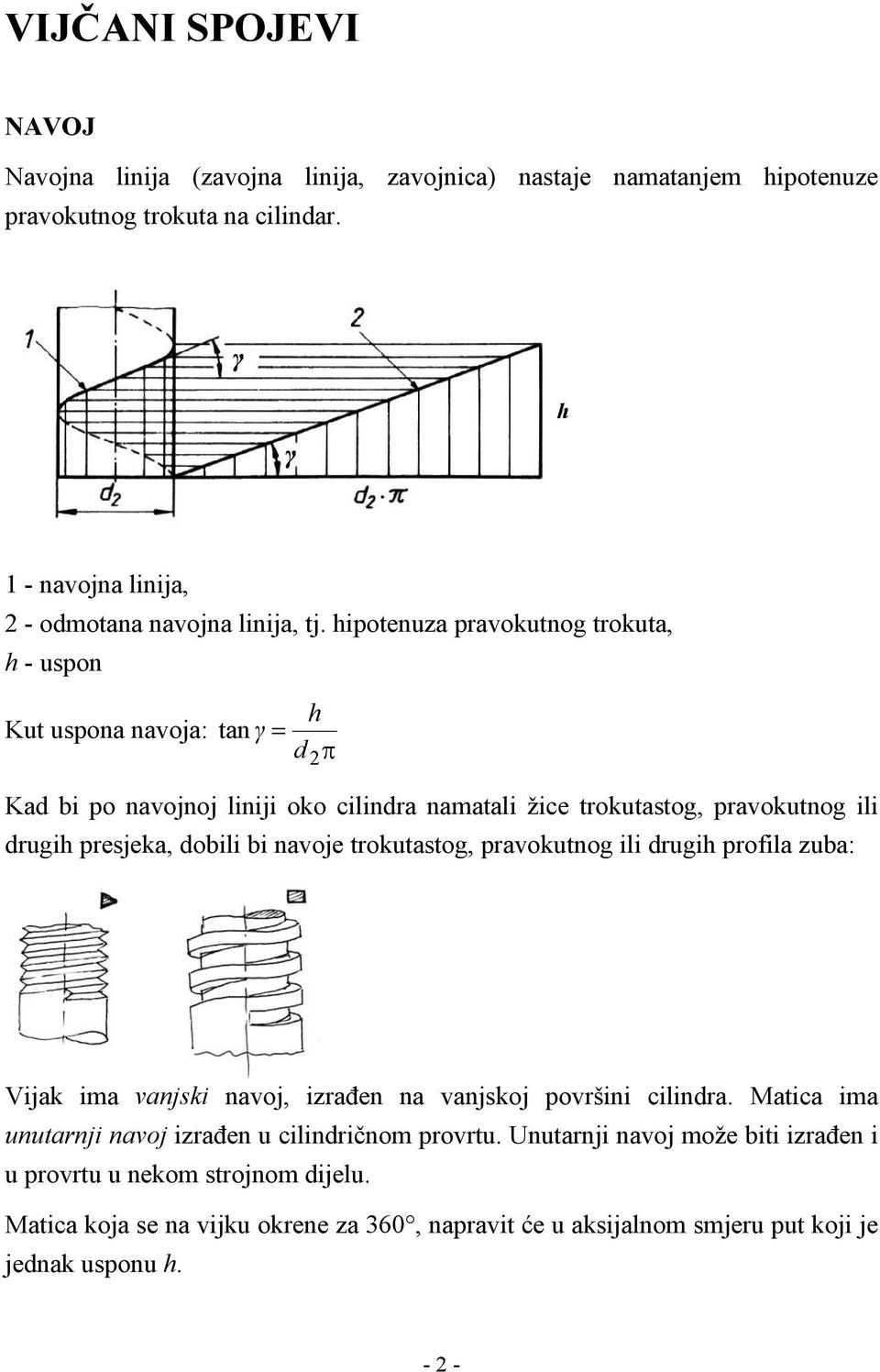 hipotenuza pravokutnog trokuta, h - uspon Kut uspona navoja: tan γ = h d π 2 Kad bi po navojnoj liniji oko cilindra namatali žice trokutastog, pravokutnog ili drugih presjeka, dobili