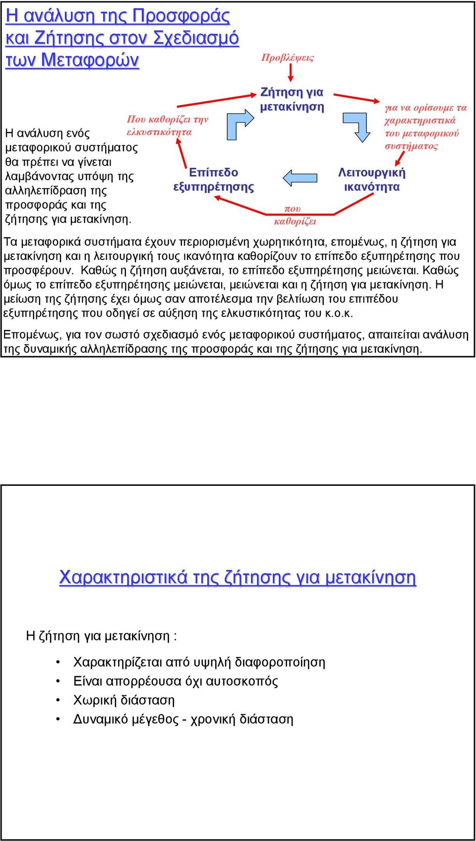 Που καθορίζει την ελκυστικότητα Επίπεδο εξυπηρέτησης Ζήτηση για µετακίνηση που καθορίζει Λειτουργική ικανότητα για να ορίσουµε τα χαρακτηριστικά του µεταφορικού συστήµατος Τα µεταφορικά συστήµατα