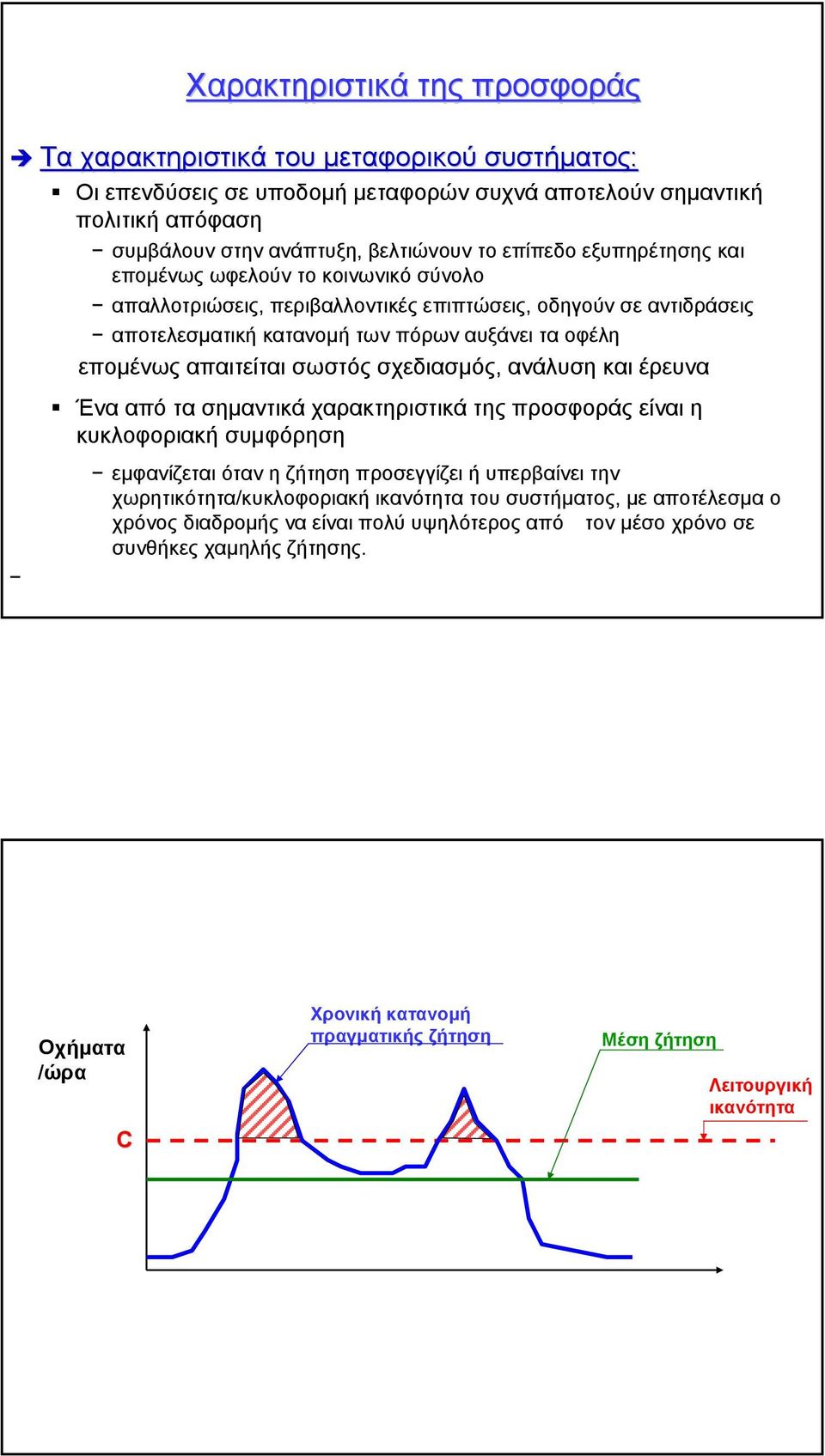 σχεδιασµός, ανάλυση και έρευνα Ένα από τα σηµαντικά χαρακτηριστικά της προσφοράς είναι η κυκλοφοριακή συµφόρηση εµφανίζεται όταν η ζήτηση προσεγγίζει ή υπερβαίνει την χωρητικότητα/κυκλοφοριακή