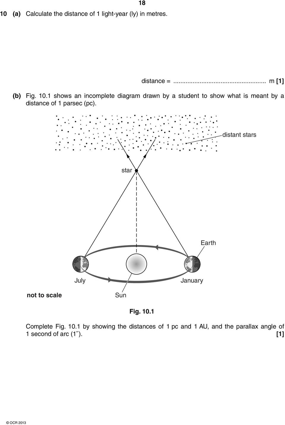 parsec (pc). distant stars star Earth July January not to scale Sun Fig. 10.