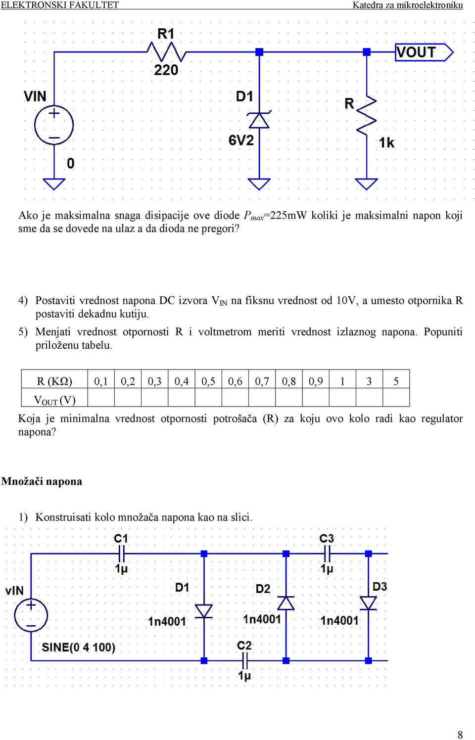 5) Menjati vrednost otpornosti R i voltmetrom meriti vrednost izlaznog napona. Popuniti priloženu tabelu.