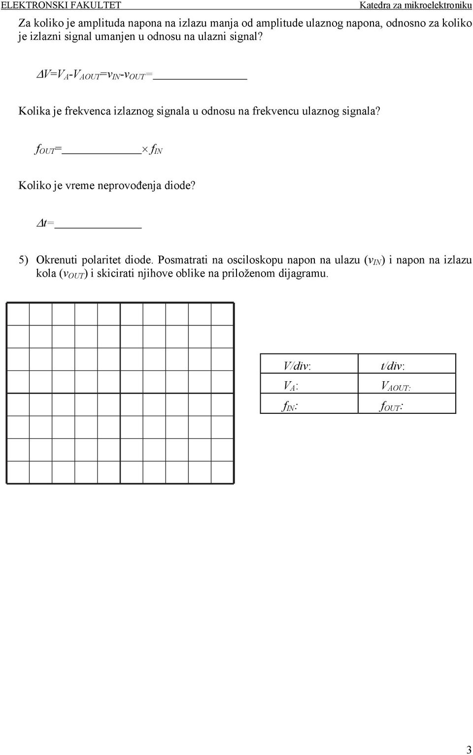 f OUT = f IN Koliko je vreme neprovođenja diode? t= 5) Okrenuti polaritet diode.