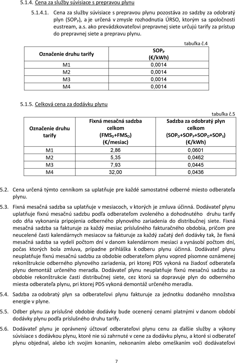 1.5. Celková cena za dodávku plynu Označenie druhu tarify Fixná mesačná sadzba celkom (FMS D +FMS O ) ( /mesiac) tabuľka č.