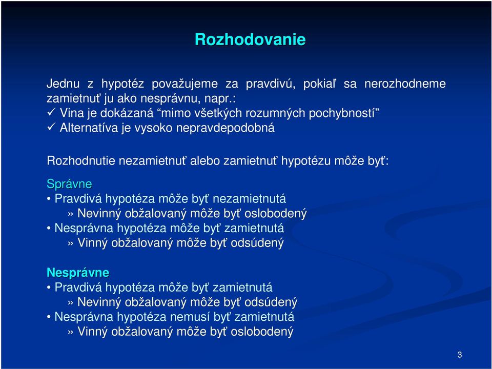 byť: Správne Pravdivá hypotéza môže byť nezamietnutá» Nevinný obžalovaný môže byť oslobodený Nesprávna hypotéza môže byť zamietnutá» Vinný