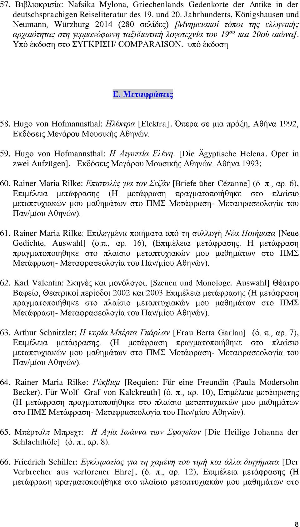 Υπό έκδοση στο ΣΥΓΚΡΙΣΗ/ COMPARAISON. υπό έκδοση Ε. Μεταφράσεις 58. Hugo von Hofmannsthal: Ηλέκτρα [Elektra]. Όπερα σε μια πράξη, Αθήνα 1992, Εκδόσεις Μεγάρου Μουσικής Αθηνών. 59.
