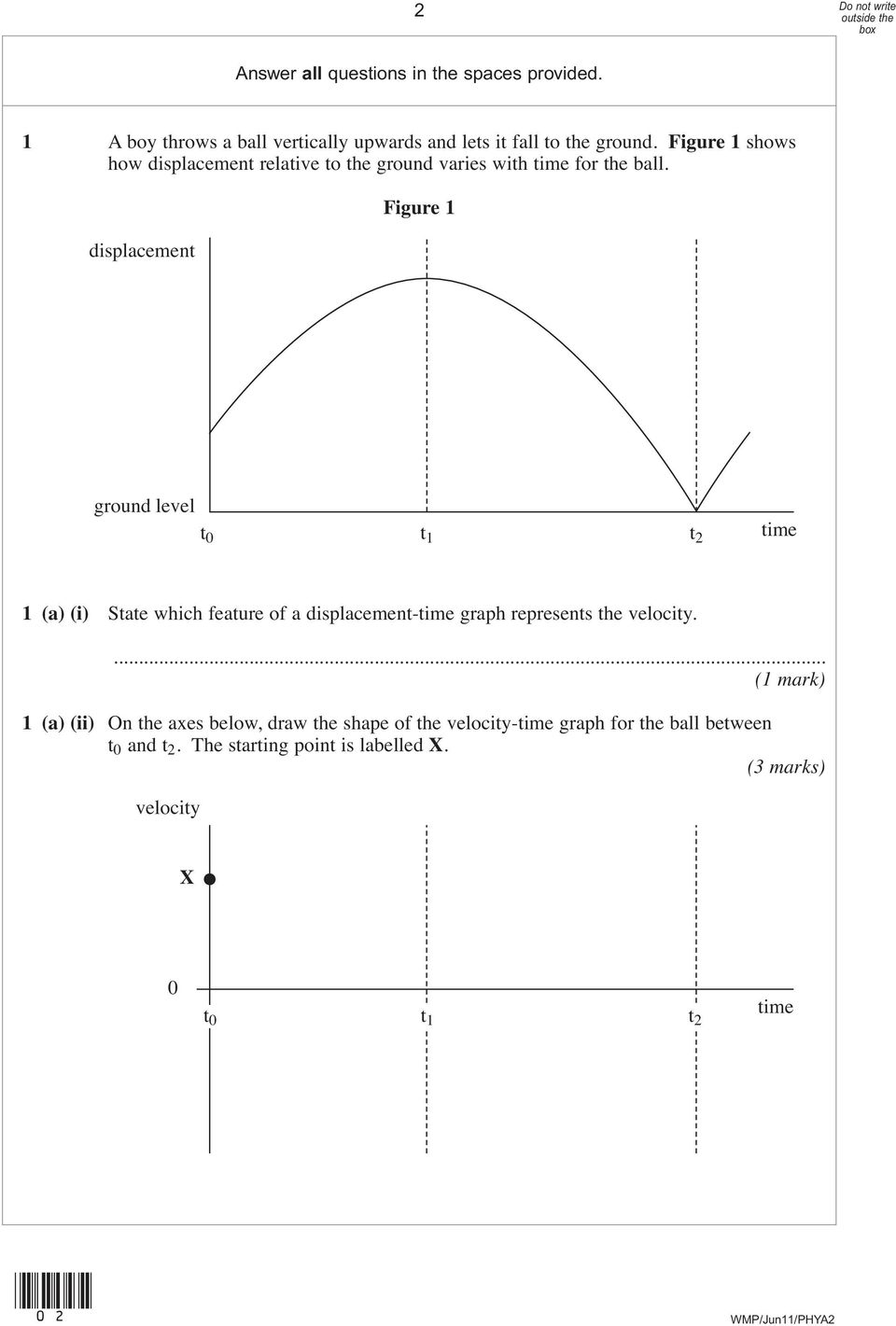 displacement Figure 1 ground level t 0 t 1 t 2 time 1 (a) (i) State which feature of a displacement-time graph represents the