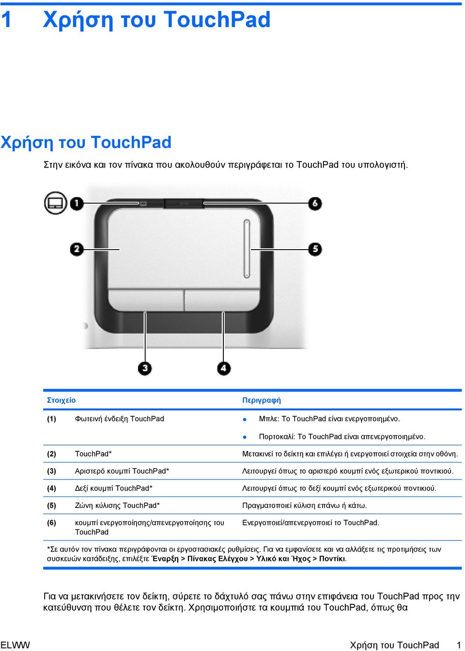 (2) TouchPad* Μετακινεί το δείκτη και επιλέγει ή ενεργοποιεί στοιχεία στην οθόνη. (3) Αριστερό κουµπί TouchPad* Λειτουργεί όπως το αριστερό κουµπί ενός εξωτερικού ποντικιού.