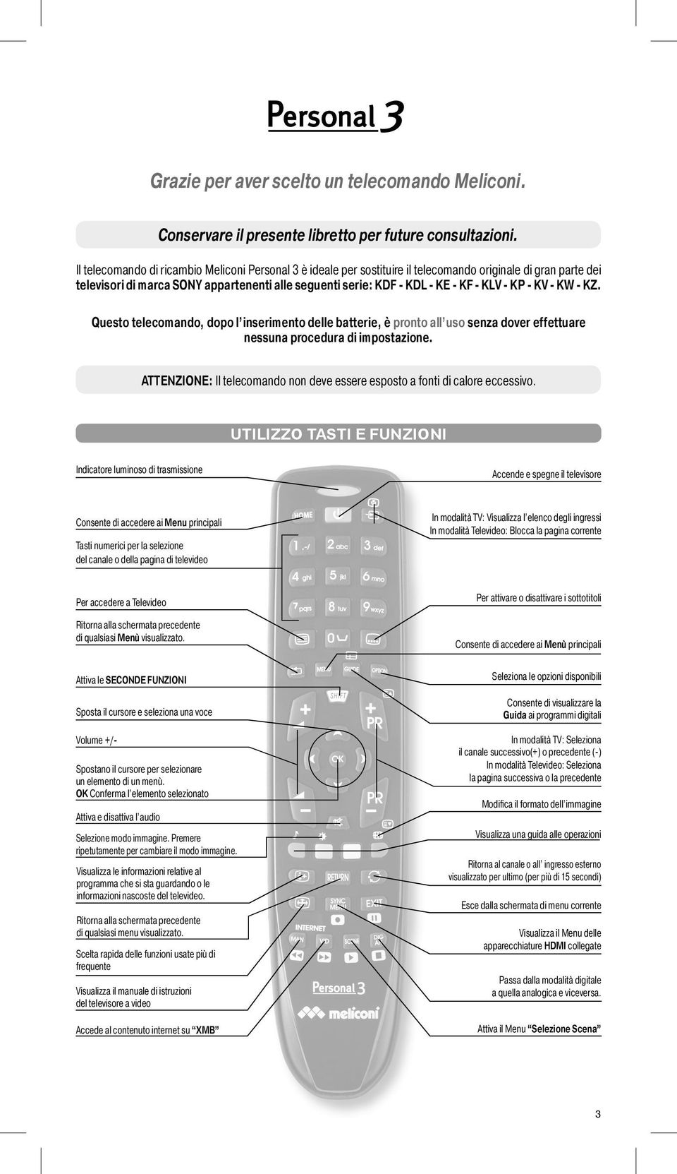 - KP - KV - KW - KZ. Questo telecomando, dopo l inserimento delle batterie, è pronto all uso senza dover effettuare nessuna procedura di impostazione.
