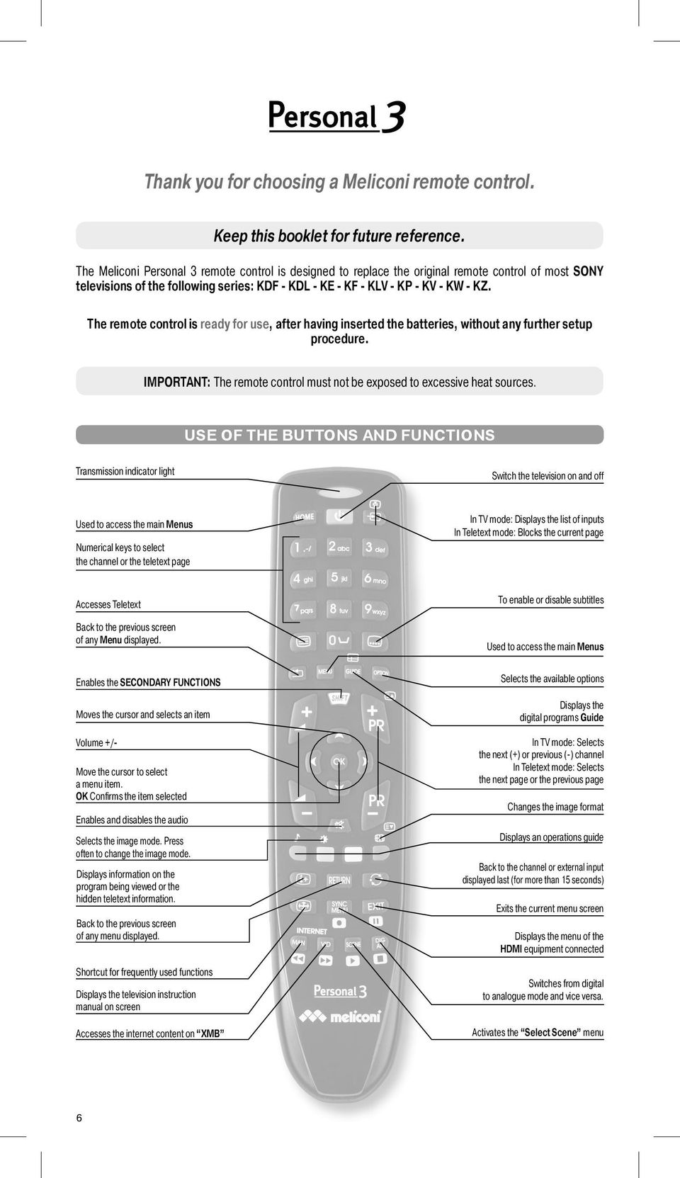 The remote control is ready for use, after having inserted the batteries, without any further setup procedure. IMPORTANT: The remote control must not be exposed to excessive heat sources.