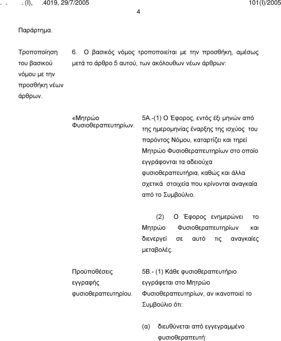 -(1) Ο Έφορος, εντός έξι μηνών από της ημερομηνίας έναρξης της ισχύος του παρόντος Νόμου, καταρτίζει και τηρεί Μητρώο Φυσιοθεραπευτηρίων στο οποίο εγγράφονται τα αδειούχα φυσιοθεραπευτήρια,