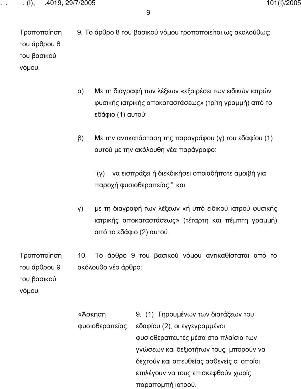 β) Με την αντικατάσταση της παραγράφου (γ) του εδαφίου (1) αυτού με την ακόλουθη νέα παράγραφο: (γ) να εισπράξει ή διεκδικήσει οποιαδήποτε αμοιβή για παροχή φυσιοθεραπείας.