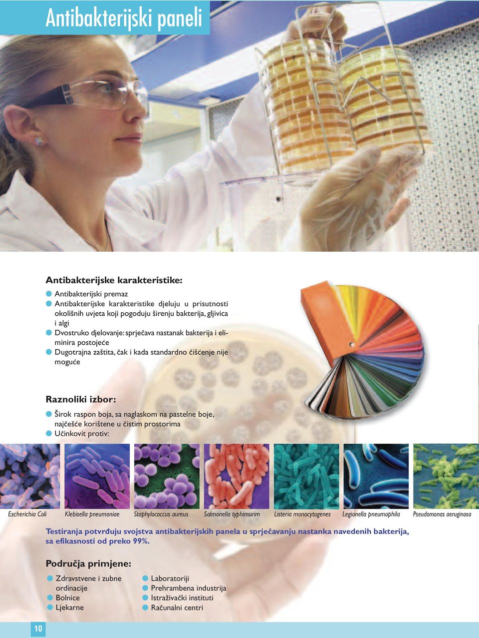 pastelne boje, najčešće korištene u čistim prostorima l Učinkovit protiv: Escherichia Coli Klebisella pneumoniae Staphylococcus aureus Salmonella typhimurim Listeria monocytogenes Legionella