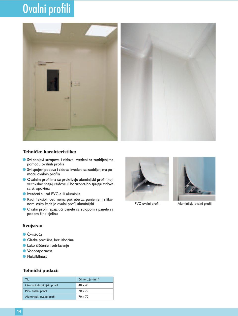potrebe za punjenjem silikonom, osim kada je ovalni profil aluminijski l Ovalni profili spajajući panele sa stropom i panele sa podom čine cjelinu PVC ovalni profil Aluminijski ovalni profil