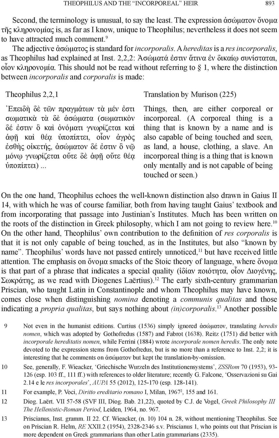 9 The adjective ἀσώματος is standard for incorporalis. A hereditas is a res incorporalis, as Theophilus had explained at Inst. 2,2,2: Ἀσώματά ἐστιν ἅτινα ἐν δικαίῳ συνίσταται, οἷον κληρονομία.