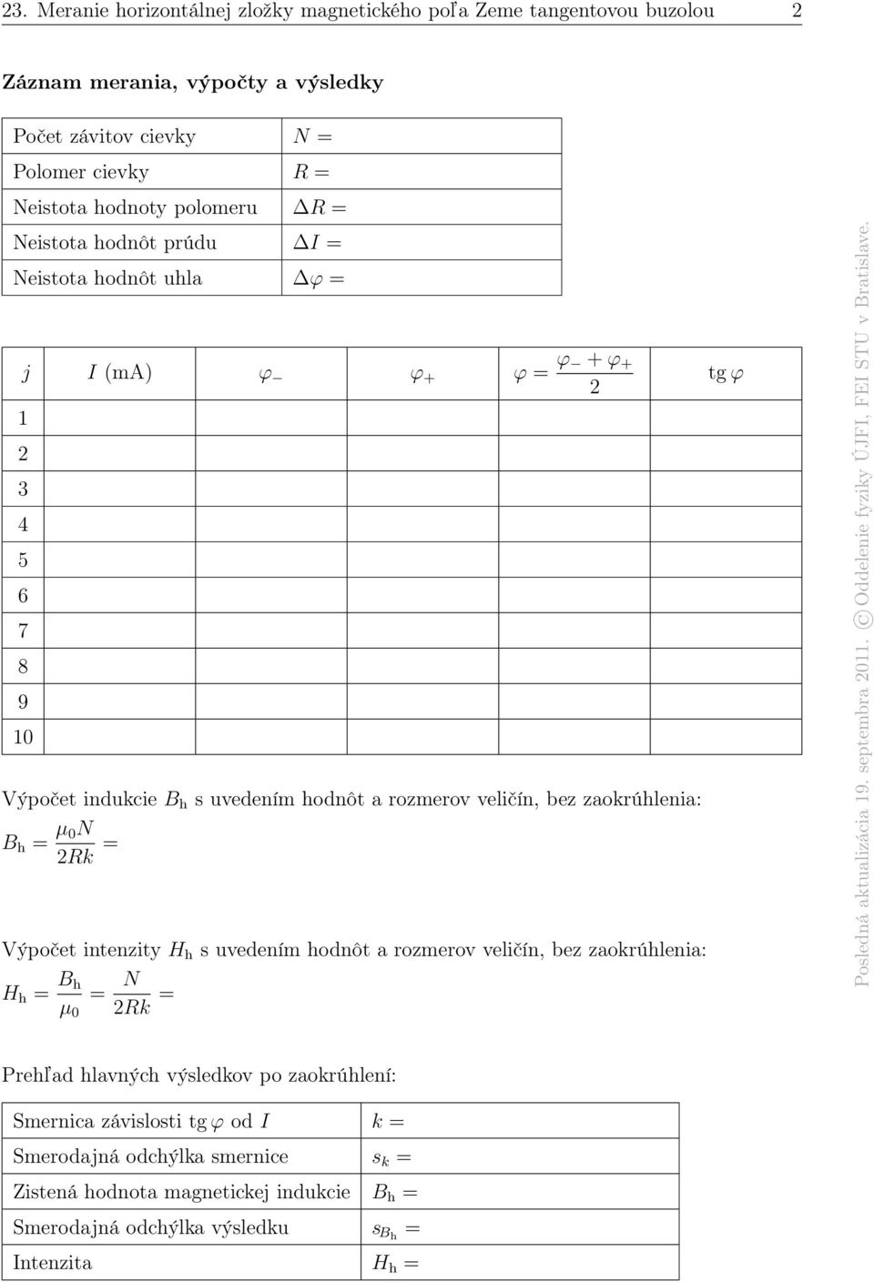 bez zaokrúhlenia: B h = µ 0N 2Rk = Výpočet intenzity H h s uvedením hodnôt a rozmerov veličín, bez zaokrúhlenia: H h = B h = N µ 0 2Rk = tg ϕ Prehľad hlavných výsledkov po