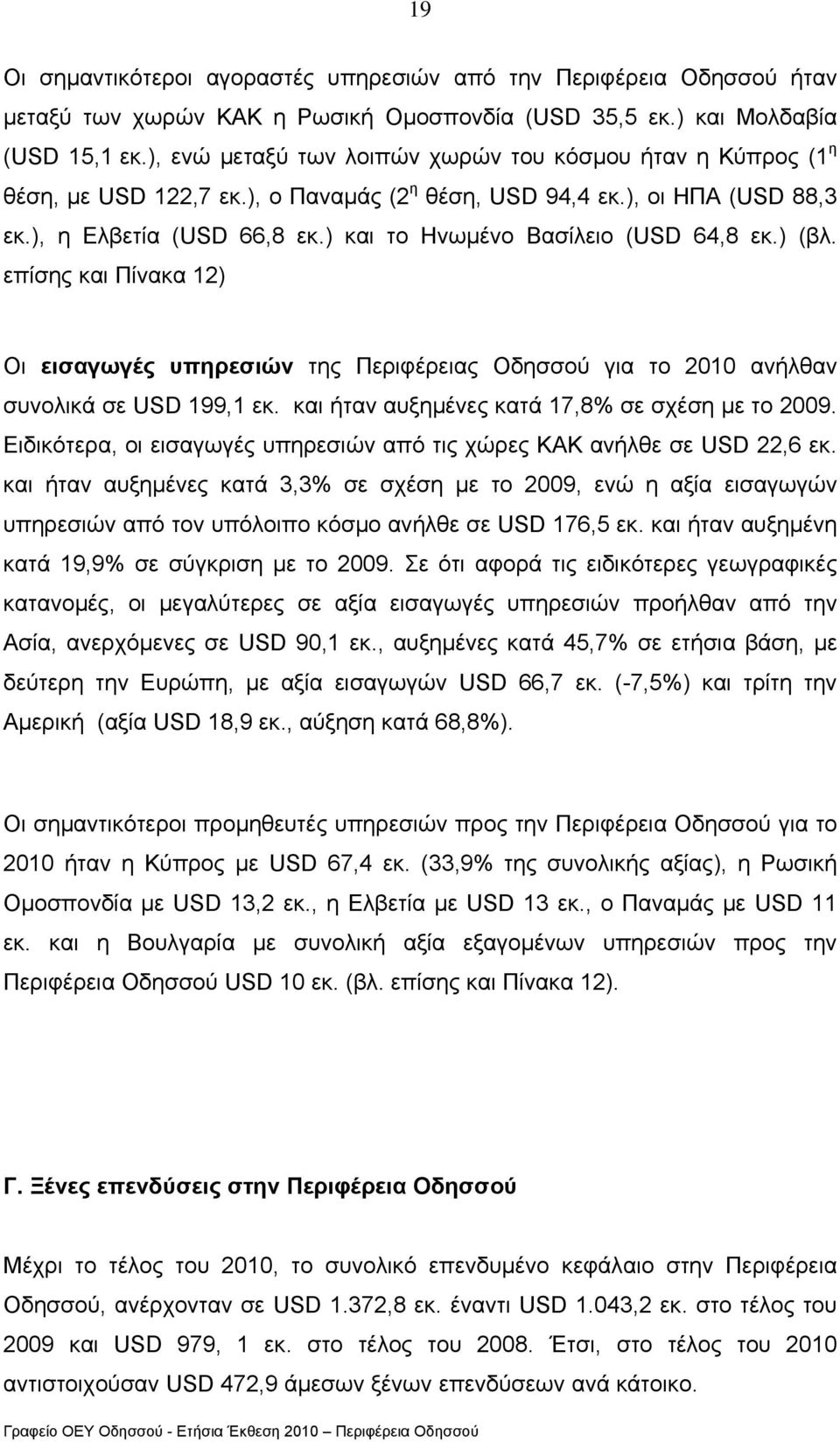 ) και το Ηνωµένο Βασίλειο (USD 64,8 εκ.) (βλ. επίσης και Πίνακα 12) Οι εισαγωγές υπηρεσιών της Περιφέρειας Οδησσού για το 2010 ανήλθαν συνολικά σε USD 199,1 εκ.