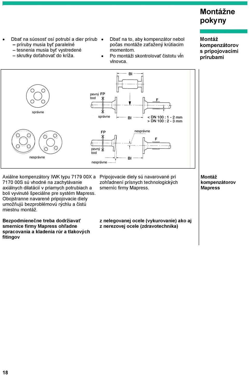 Montáž kompenzátorov s pripojovacími prírubami Axiálne kompenzátory IWK typu 7179 00X a 7170 00S sú vhodné na zachytávanie axiálnych dilatácií v priamych potrubiach a boli vyvinuté špeciálne pre