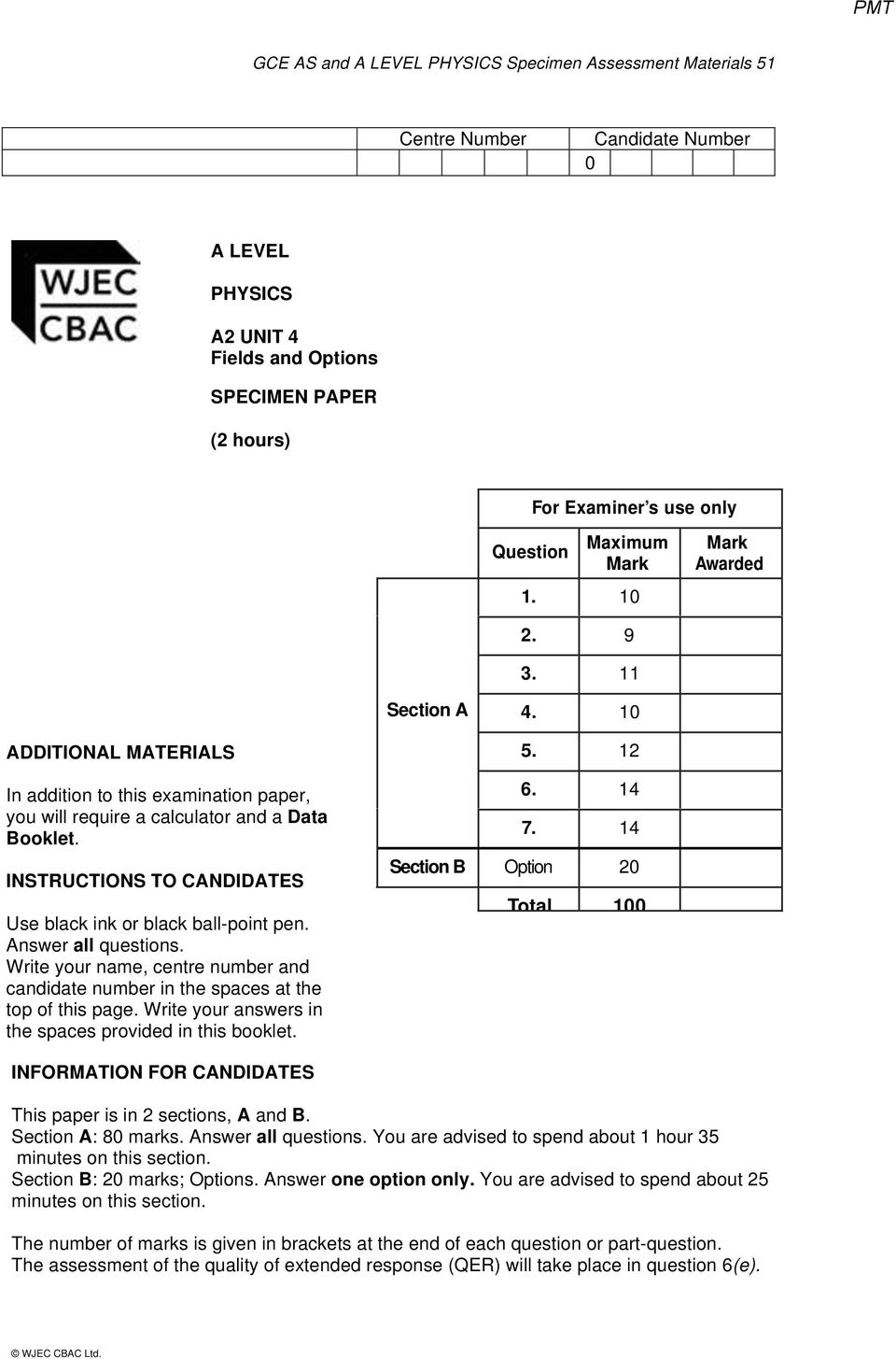 INSTRUCTIONS TO CANDIDATES Use black ink or black ball-point pen. Answer all questions. Write your name, centre number and candidate number in the spaces at the top of this page.