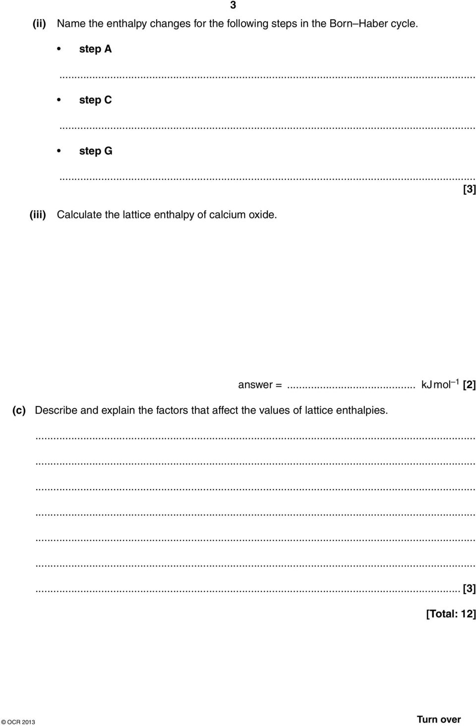 step A step C step G [3] (iii) Calculate the lattice enthalpy of calcium oxide.