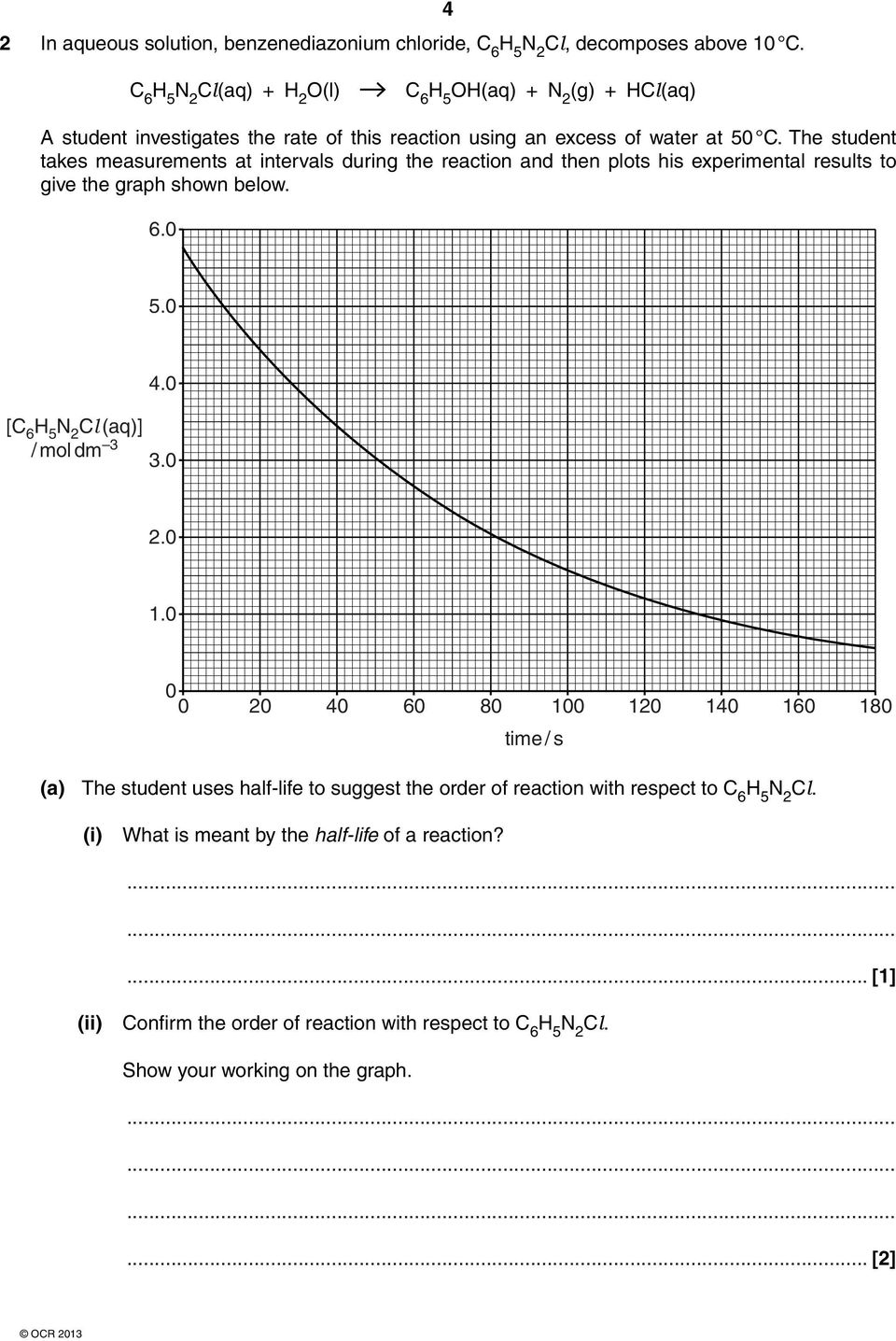 The student takes measurements at intervals during the reaction and then plots his experimental results to give the graph shown below. 6.0 5.0 [C 6 H 5 N 2 Cl (aq)] / mol dm 3 4.0 3.