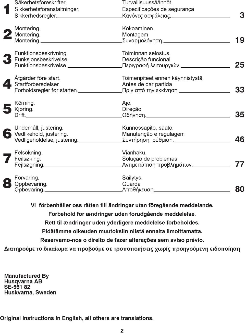 Descrição funcional Funktionsbeskrivelse. Περιγραφή λειτουργιών. 25 före start. Toimenpiteet ennen käynnistystä. Startforberedelser. Antes de dar partida Forholdsregler før starten.