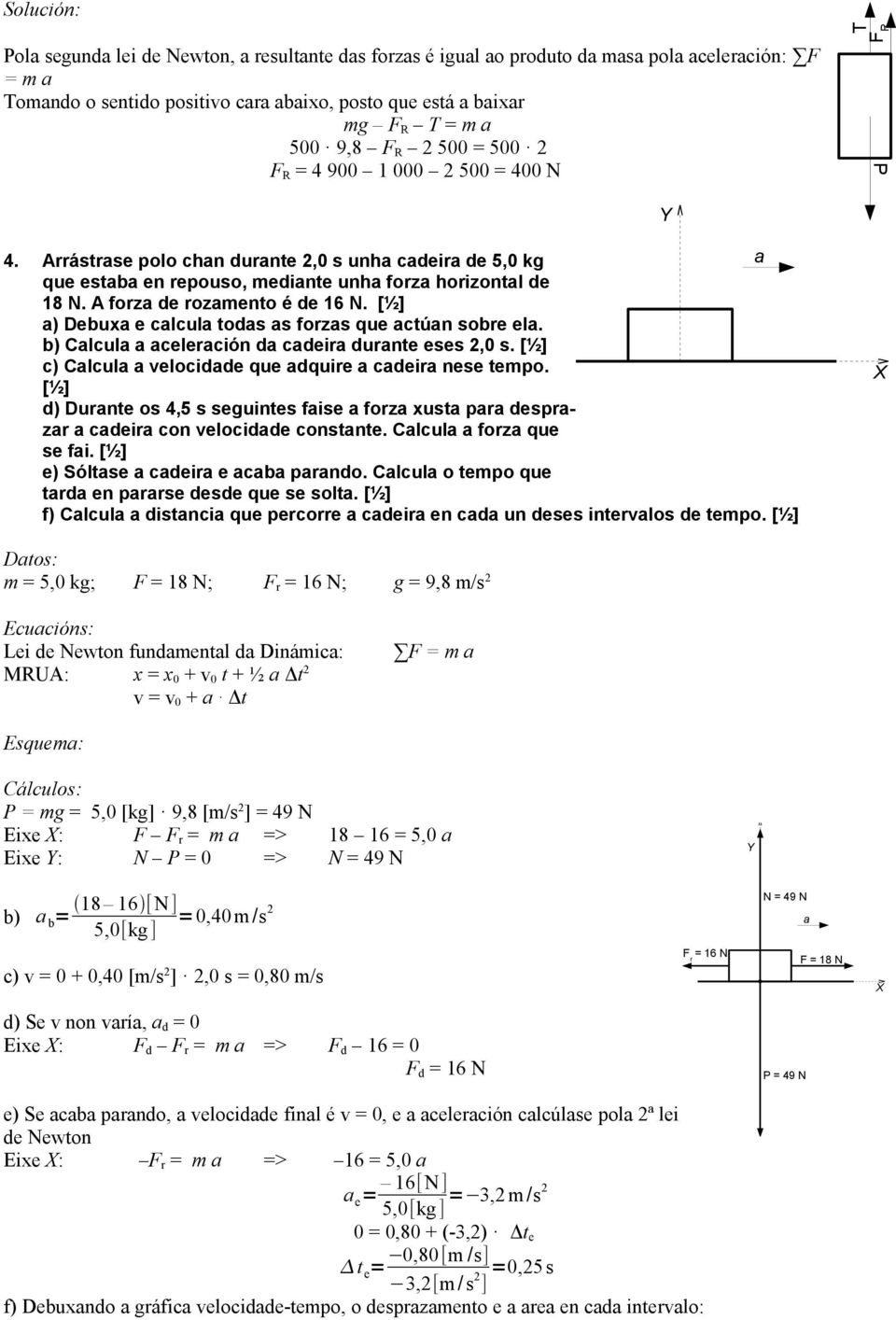 A forza de rozamento é de 16 N. a) Debuxa e calcula todas as forzas que actúan sobre ela. b) Calcula a aceleración da cadeira durante eses 2,0 s.