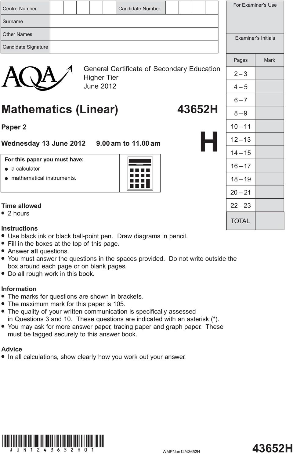 10 11 12 13 14 15 16 17 18 19 Time allowed l 2 hours Instructions l Use black ink or black ball-point pen. Draw diagrams in pencil. l Fill in the es at the top of this page. l Answer all questions.