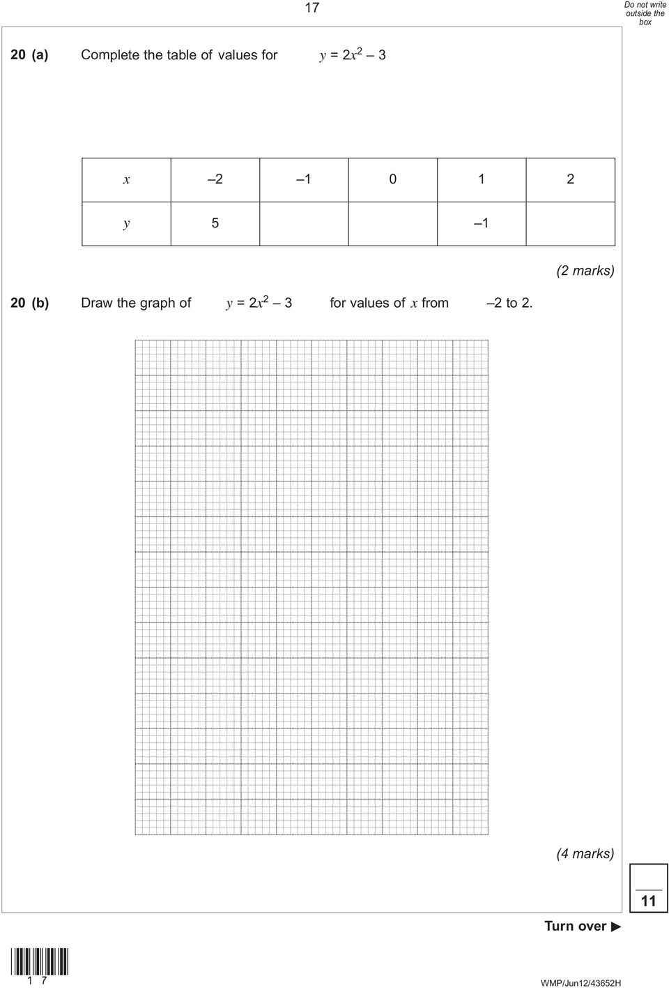 the graph of y = 2x 2 3 for values of x