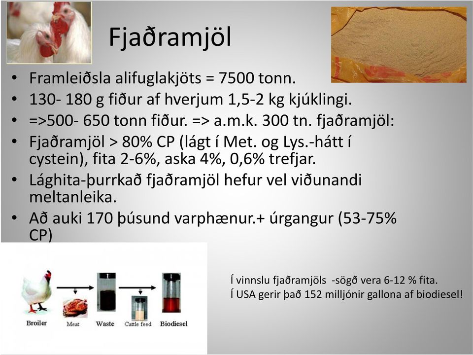 hátt í cystein), fita 2 6%, aska 4%, 0,6% trefjar. Lághita þurrkað fjaðramjöl hefur vel viðunandi meltanleika.