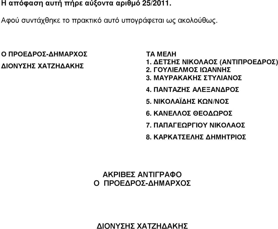 Ο ΠΡΟΕ ΡΟΣ- ΗΜΑΡΧΟΣ ΙΟΝΥΣΗΣ ΧΑΤΖΗ ΑΚΗΣ ΤΑ ΜΕΛΗ 1. ΕΤΣΗΣ ΝΙΚΟΛΑΟΣ (ΑΝΤΙΠΡΟΕ ΡΟΣ) 2.