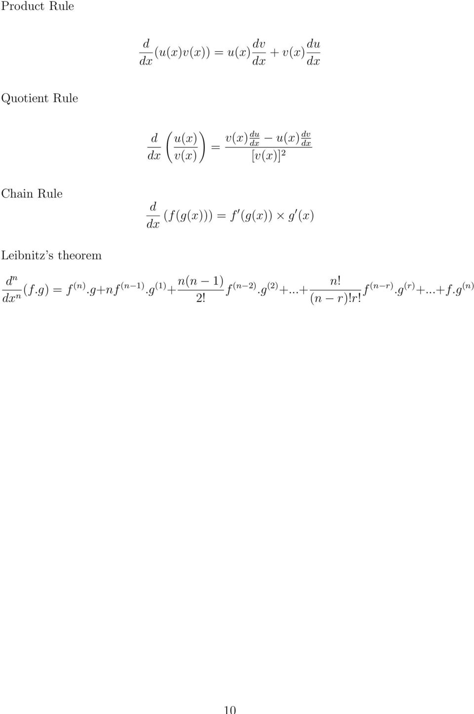 (f(g(x))) = f (g(x)) g (x) Leibnitz s theorem d n dx (f.g) = f (n).