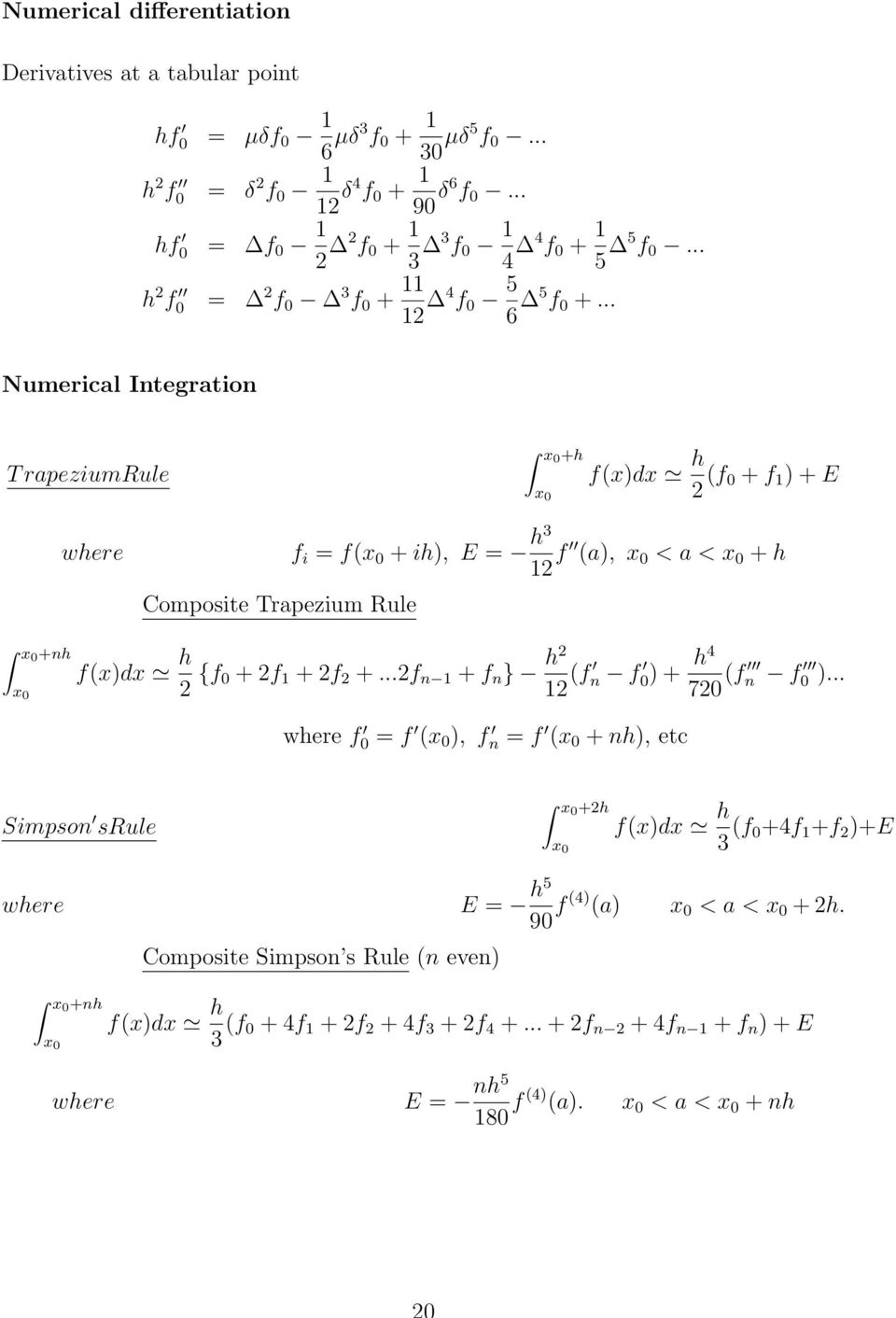 .. Numerical Integration T rapeziumrule x0 +h x 0 f(x)dx h (f 0 + f ) + E where Composite Trapezium Rule f i = f(x 0 + ih), E = h3 f (a), x 0 < a < x 0 + h x0 +nh x 0 f(x)dx h {f 0 + f + f +.