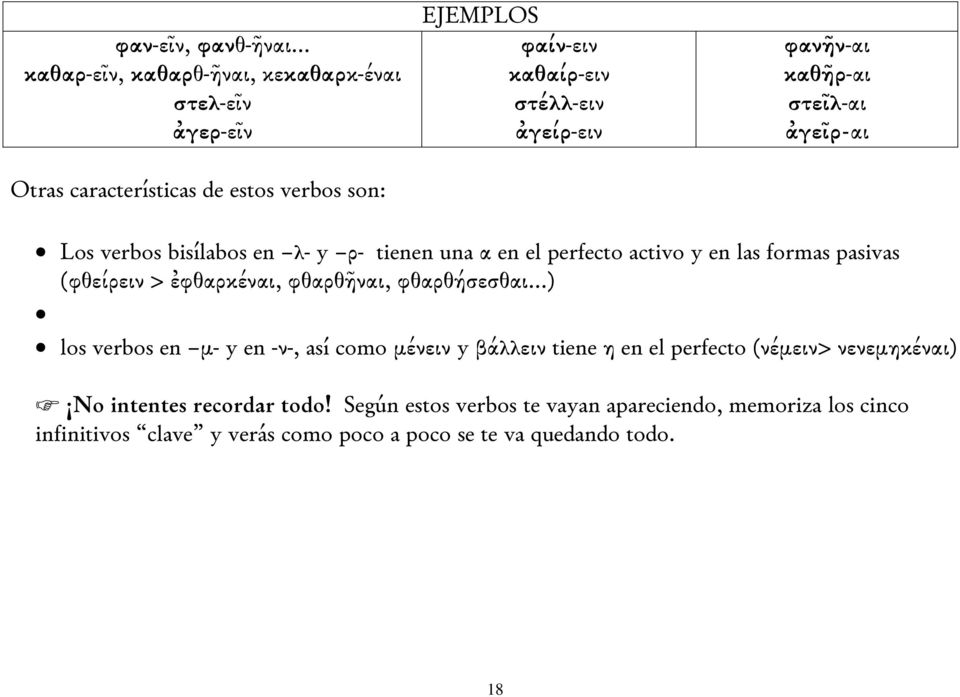 φανῆν-αι καθῆρ-αι στεῖλ-αι ἀγεῖρ-αι Los verbos bisílabos en λ- y ρ- tienen una α en el perfecto activo y en las formas pasivas (φθείρειν > ἐφθαρκέναι,