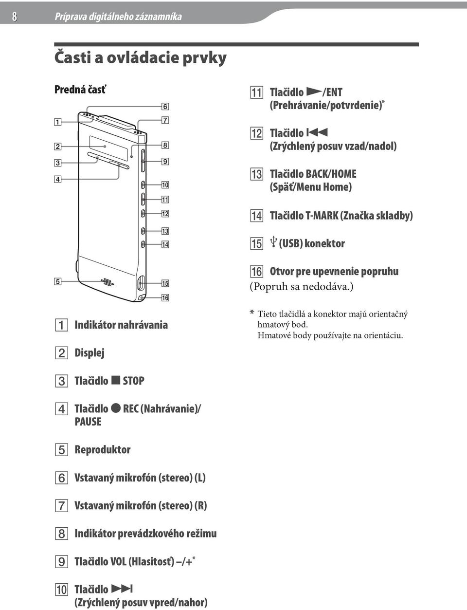 ) Indikátor nahrávania Displej * Tieto tlačidlá a konektor majú orientačný hmatový bod. Hmatové body používajte na orientáciu.