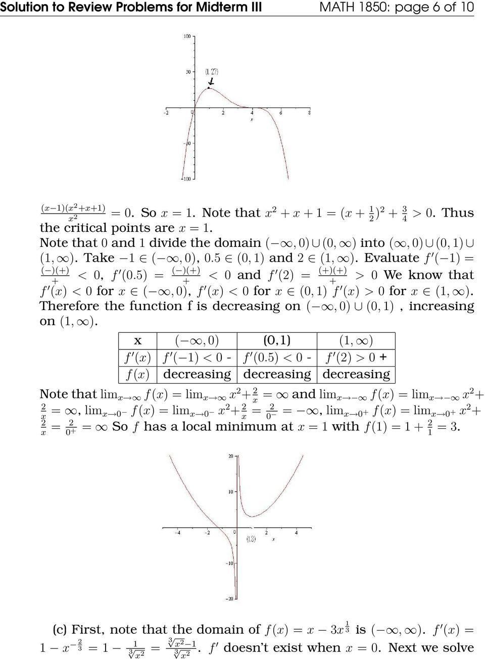5) = ( )(+) + < 0 and f () = (+)(+) + > 0 We know that f (x) < 0 for x (, 0), f (x) < 0 for x (0, 1) f (x) > 0 for x (1, ). Therefore the function f is decreasing on (, 0) (0, 1), increasing on (1, ).