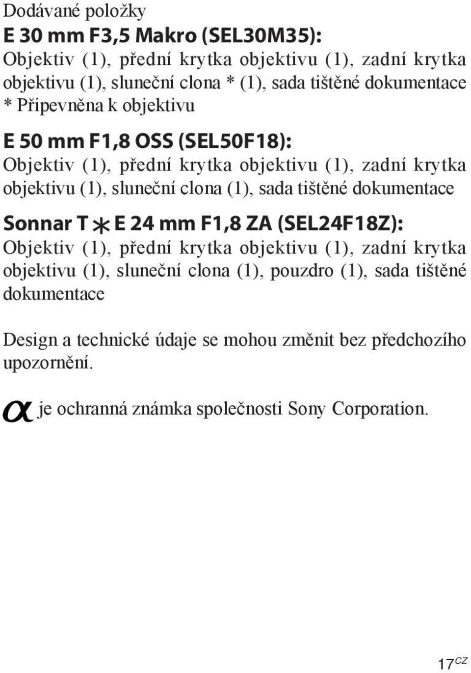 sada tištěné dokumentace Sonnar T E 24 mm F1,8 ZA (SEL24F18Z): Objektiv (1), přední krytka objektivu (1), zadní krytka objektivu (1), sluneční clona (1),