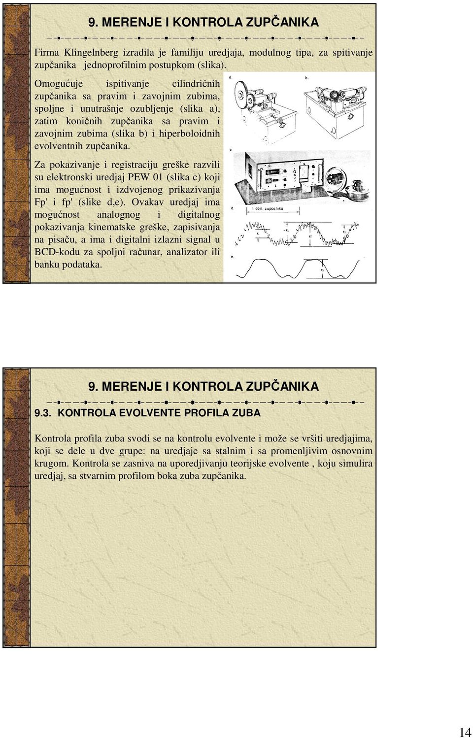 evolventnih zupčanika. Za pokazivanje i registraciju greške razvili su elektronski uredjaj PEW 01 (slika c) koji ima mogućnost i izdvojenog prikazivanja Fp' i fp' (slike d,e).